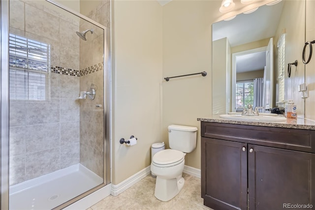 bathroom with vanity, tile patterned flooring, toilet, and a shower with shower door