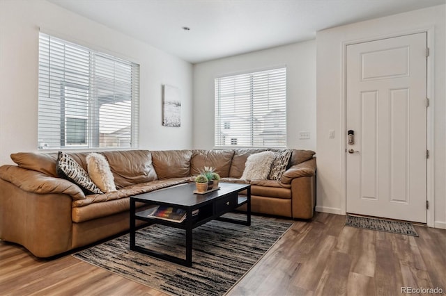 living area with baseboards and wood finished floors