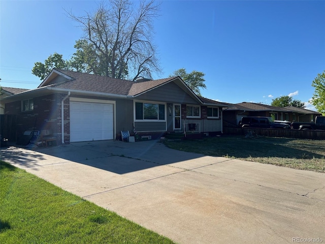 841 S 6th Ave, Brighton, CO 80601 - ranch-style house with a garage, concrete driveway, brick siding, a front yard, and a shingled roof