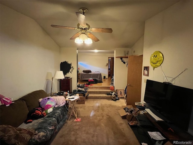 841 S 6th Ave, Brighton, CO 80601 - living room featuring lofted ceiling, carpet flooring, and a ceiling fan