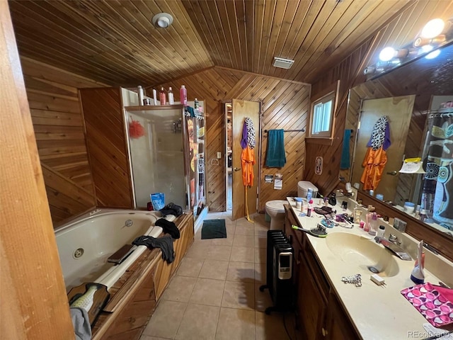 841 S 6th Ave, Brighton, CO 80601 - full bath featuring wood walls, a stall shower, tile patterned floors, vanity, and a whirlpool tub