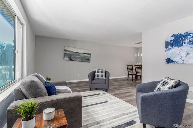 living room featuring dark wood-type flooring