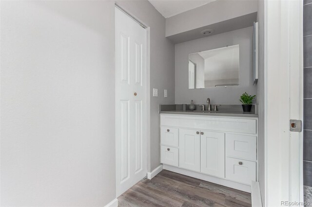 bathroom with wood-type flooring and vanity