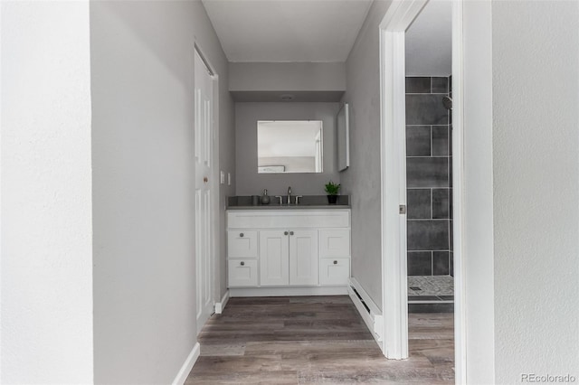 interior space featuring tiled shower, vanity, and hardwood / wood-style floors