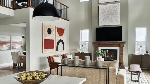 living room with a towering ceiling and hardwood / wood-style flooring