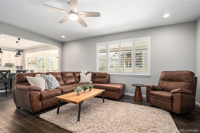 1473 Castle Creek Cir, Castle Rock, CO 80104 - living area featuring a ceiling fan, dark wood-type flooring, and recessed lighting