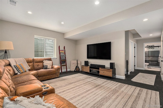 1473 Castle Creek Cir, Castle Rock, CO 80104 - living area featuring dark carpet and recessed lighting