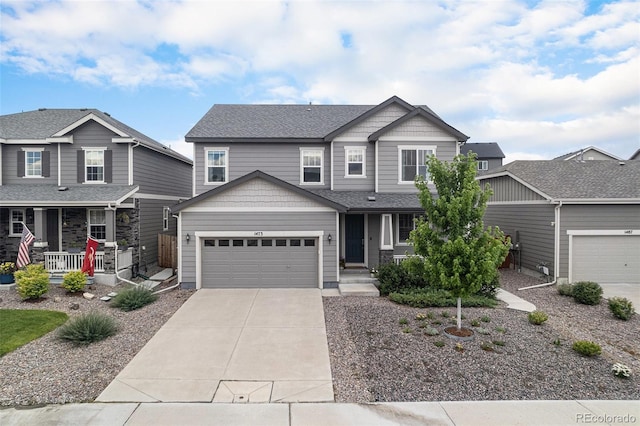1473 Castle Creek Cir, Castle Rock, CO 80104 - craftsman-style home featuring a porch, driveway, a shingled roof, and a garage