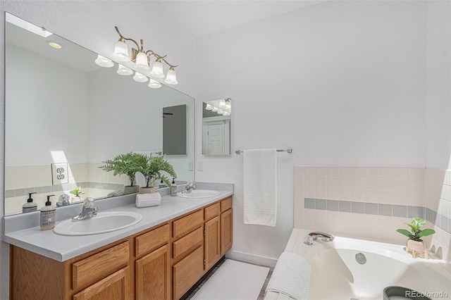 bathroom featuring double vanity and a bath