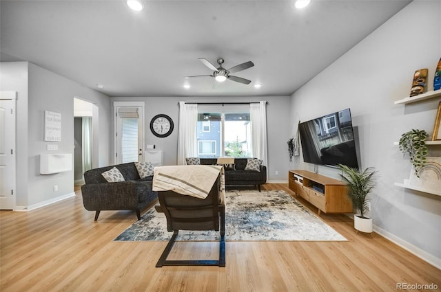 5771 Slate River Pl, Brighton, CO 80601 - living room with recessed lighting, wood finished floors, baseboards, and a ceiling fan