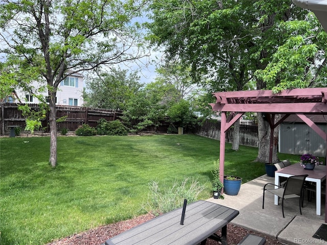 18908 E Napa Dr, Aurora, CO 80013 - fenced backyard with outdoor dining area, a pergola, and a patio