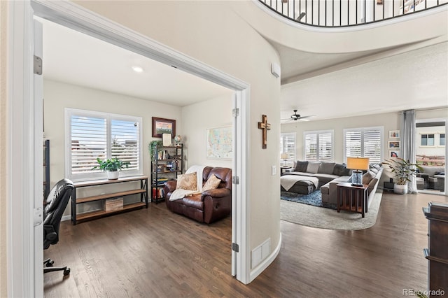 10091 Hannaway Dr, Colorado Springs, CO 80924 - interior space featuring wood finished floors, plenty of natural light, and a ceiling fan