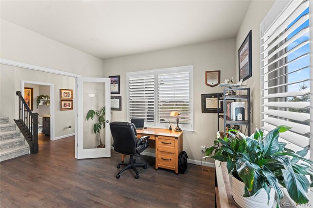10091 Hannaway Dr, Colorado Springs, CO 80924 - office area with healthy amount of natural light, dark wood finished floors, and baseboards
