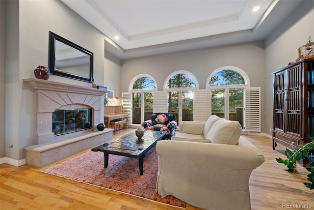 living room with light wood finished floors, a fireplace, baseboards, and a tray ceiling