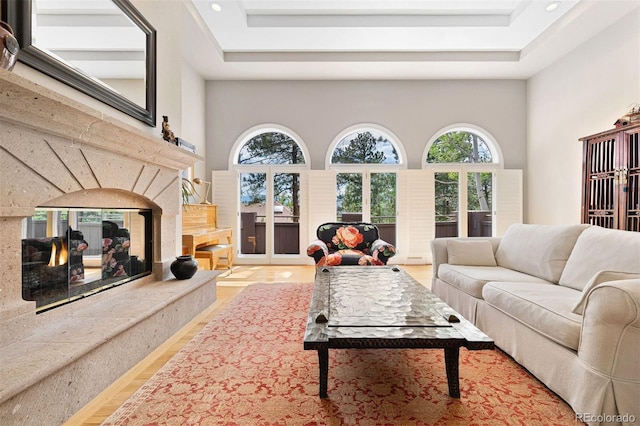 living room featuring a raised ceiling, a towering ceiling, and a high end fireplace