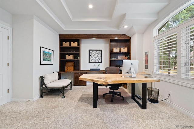 office with recessed lighting, baseboards, carpet floors, and built in shelves