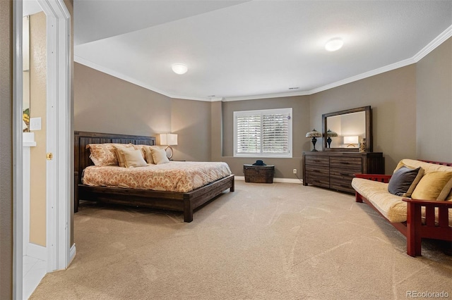 bedroom with light colored carpet, crown molding, and baseboards