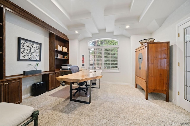 office featuring recessed lighting, baseboards, and light carpet