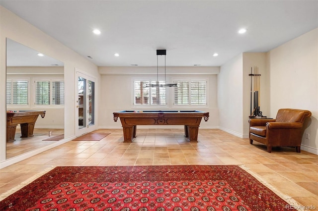 game room with recessed lighting, baseboards, pool table, and light tile patterned floors