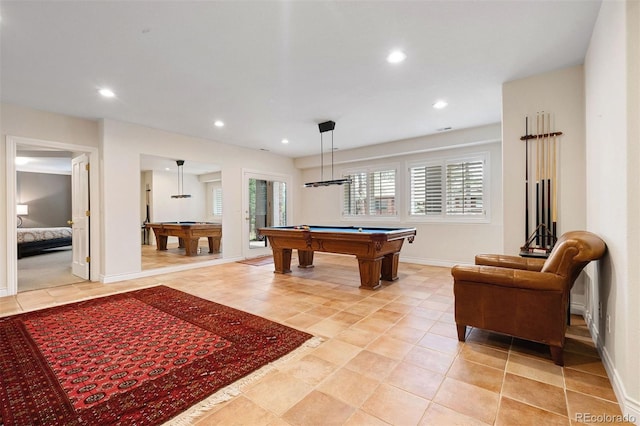 recreation room with light tile patterned floors, recessed lighting, pool table, and baseboards