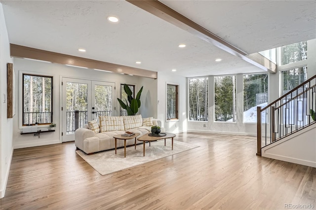 living area with french doors, plenty of natural light, and wood finished floors