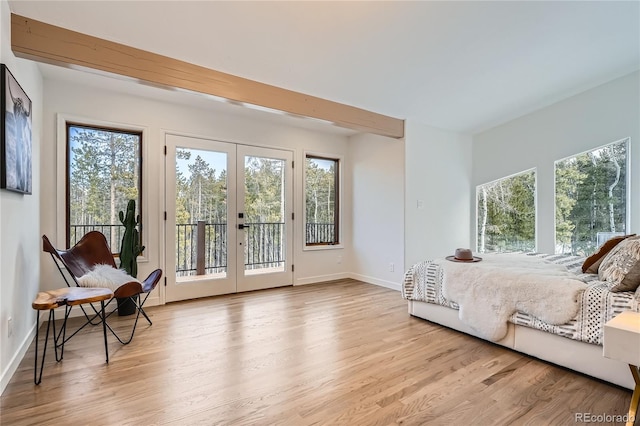 bedroom with baseboards, french doors, wood finished floors, and access to exterior