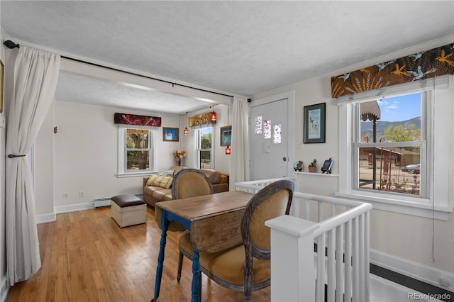 831 Manitou Blvd, Colorado Springs, CO 80904 - dining area with a textured ceiling, baseboards, light wood-style flooring, and a baseboard radiator