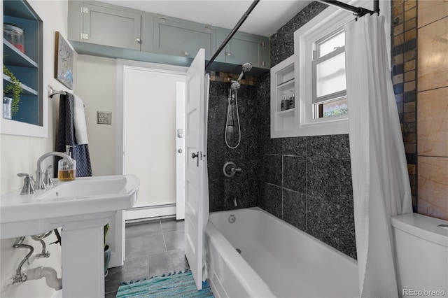 831 Manitou Blvd, Colorado Springs, CO 80904 - full bathroom with toilet, baseboard heating, tile patterned flooring, and shower / tub combo with curtain
