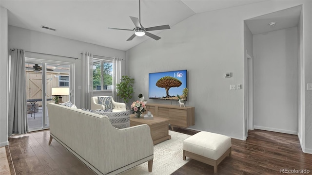 2891 Streamside Ave, Grand Junction, CO 81501 - living room with ceiling fan, vaulted ceiling, hardwood / wood-style flooring, and baseboards