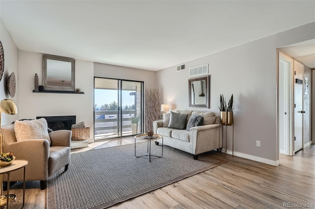 499 Wright St Unit 308, Lakewood, CO 80228 - living room featuring wood finished floors, baseboards, a glass covered fireplace, and visible vents