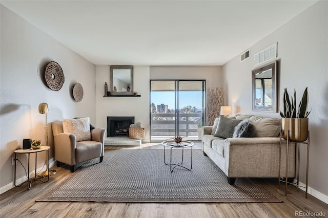 499 Wright St Unit 308, Lakewood, CO 80228 - living area featuring wood finished floors, a fireplace with raised hearth, baseboards, and visible vents
