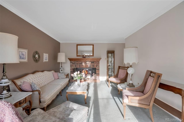 carpeted living room with a brick fireplace, baseboards, and ornamental molding