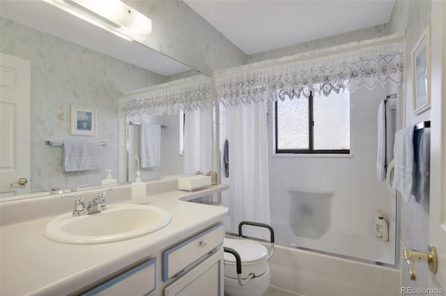 bathroom featuring shower / bath combo with shower curtain, toilet, wallpapered walls, and vanity