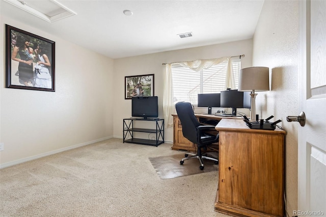 home office with light colored carpet