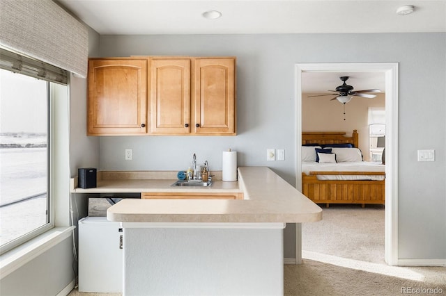 kitchen featuring light brown cabinetry, sink, light carpet, and ceiling fan