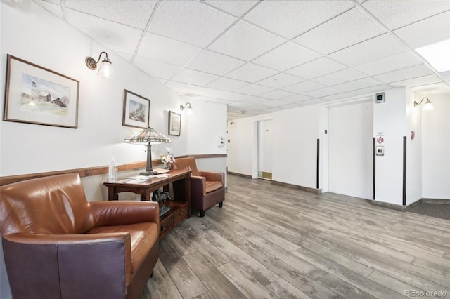 living area with a drop ceiling and hardwood / wood-style flooring