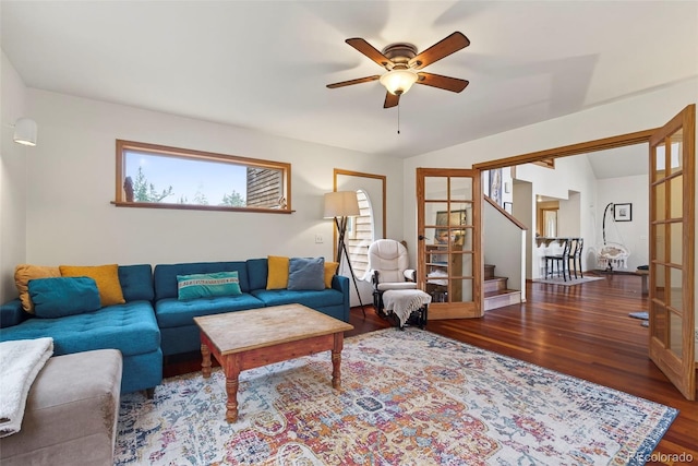 100 Moon Gulch Rd, Rollinsville, CO 80422 - living room with ceiling fan, wood finished floors, and stairs