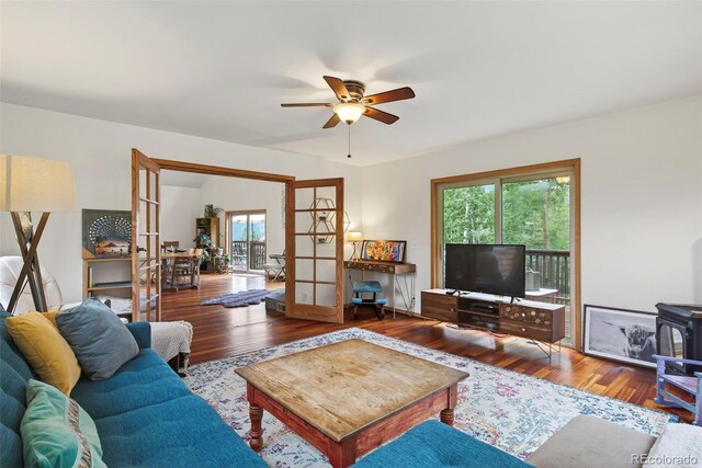 100 Moon Gulch Rd, Rollinsville, CO 80422 - living area with ceiling fan, wood finished floors, and french doors