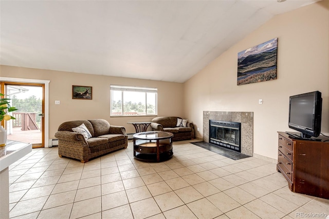 living area with light tile patterned floors, a baseboard radiator, a tile fireplace, and lofted ceiling