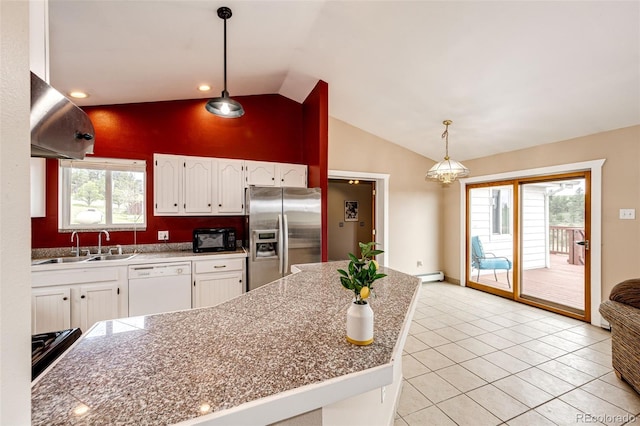 kitchen with stainless steel fridge, dishwasher, black microwave, tile counters, and white cabinets