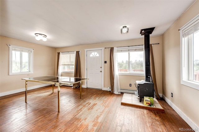 entryway featuring a wood stove, hardwood / wood-style floors, and plenty of natural light