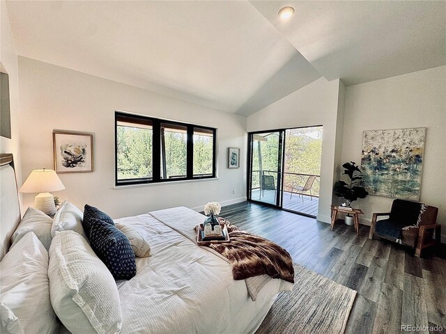 1282 N Crystal Rd, Lake George, CO 80827 - bedroom with access to outside, dark wood finished floors, vaulted ceiling, and baseboards