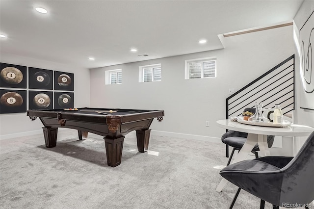 rec room with recessed lighting, carpet floors, billiards, and baseboards