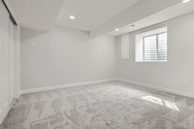 interior space with carpet, baseboards, and recessed lighting