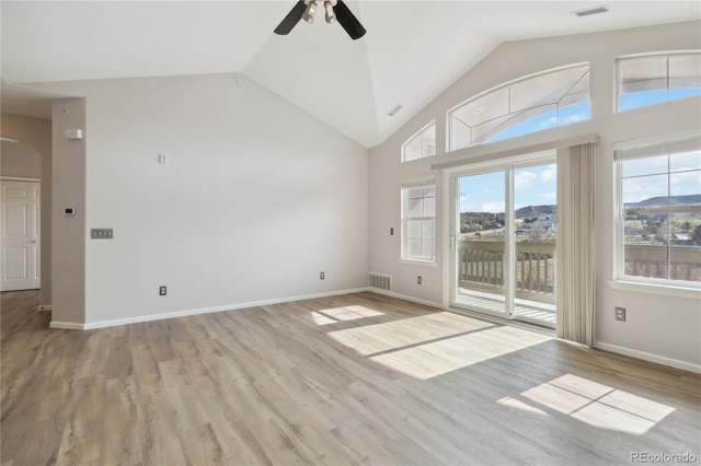 unfurnished living room featuring a wealth of natural light, visible vents, ceiling fan, and light wood-style floors