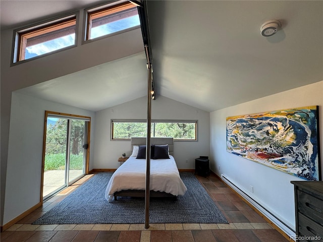 bedroom with multiple windows, vaulted ceiling with beams, a baseboard radiator, and access to outside