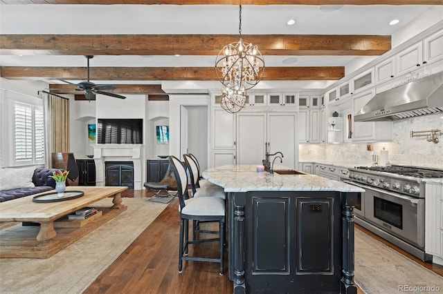 kitchen with under cabinet range hood, a fireplace, a sink, white cabinets, and high end stainless steel range