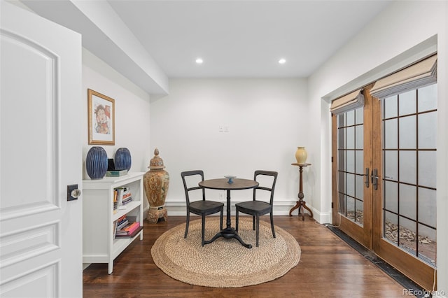 sitting room featuring recessed lighting, french doors, baseboards, and wood finished floors