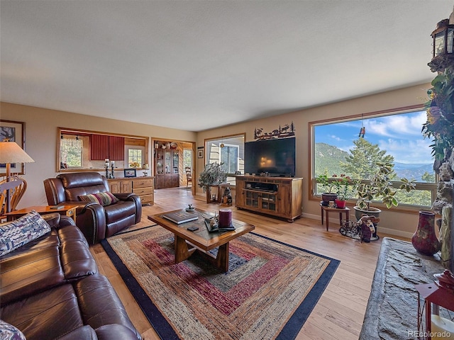 living room with baseboards and light wood-style floors