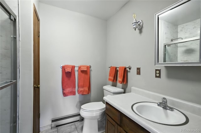 670 Wapiti Dr, Fraser, CO 80442 - bathroom featuring a baseboard radiator, a stall shower, toilet, and vanity
